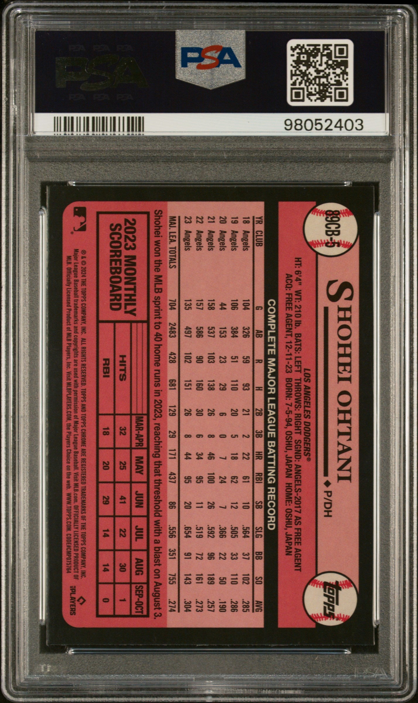 Shohei Ohtani 2024 Topps Chrome 1989 Baseball Card #5 Graded PSA 10 Cert # 98052403-Powers Sports Memorabilia