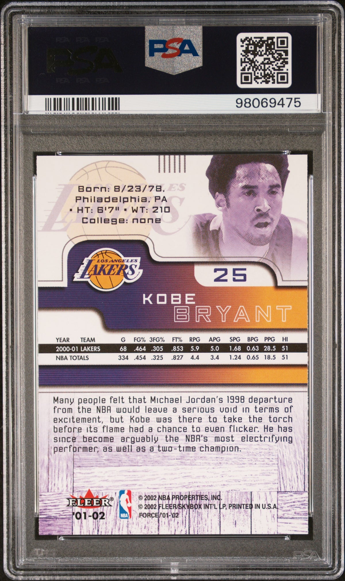 Kobe Bryant 2001 Fleer Force Basketball Card #25 Graded PSA 10 Cert #98069475-Powers Sports Memorabilia