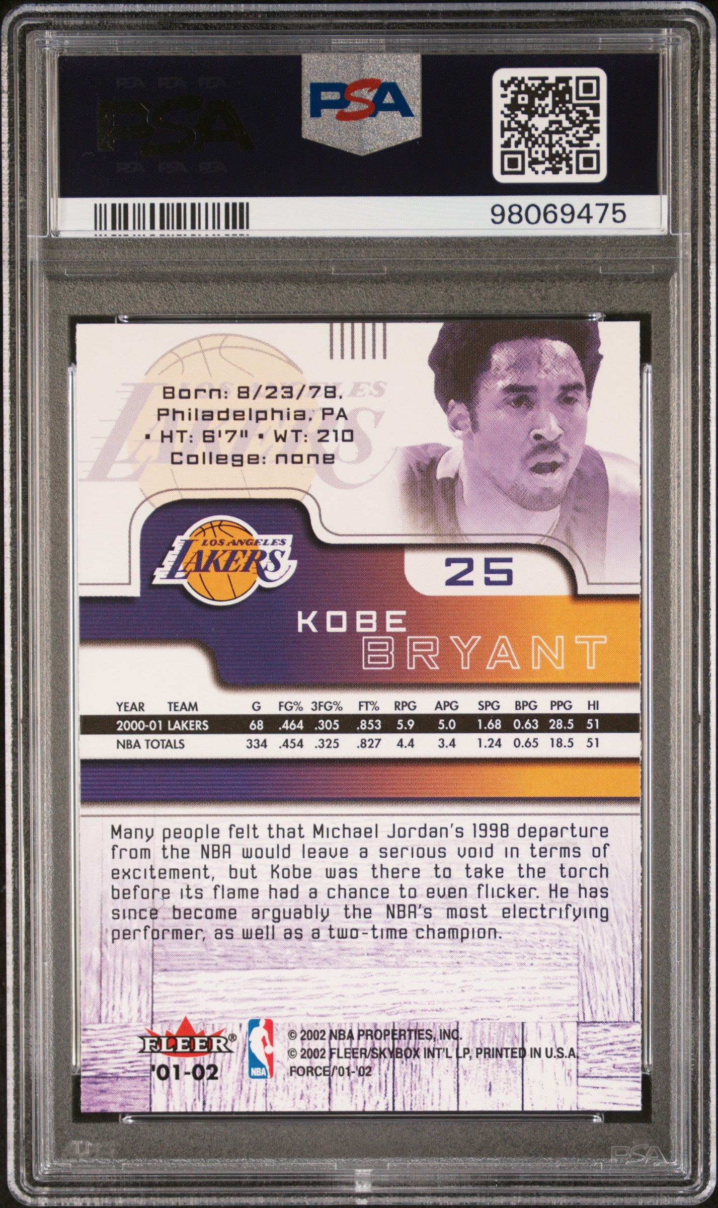Kobe Bryant 2001 Fleer Force Basketball Card #25 Graded PSA 10 Cert #98069475-Powers Sports Memorabilia