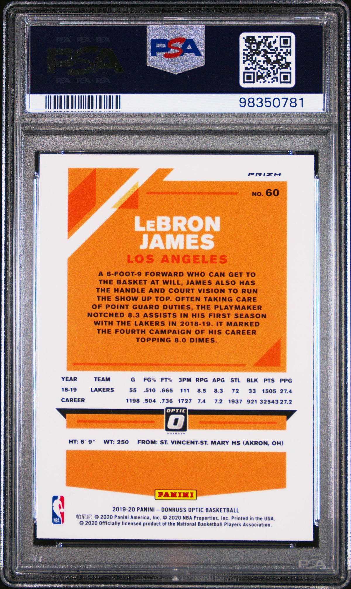 LeBron James 2019 Panini Donruss Optic Purple Card #60 Graded PSA 10-Powers Sports Memorabilia