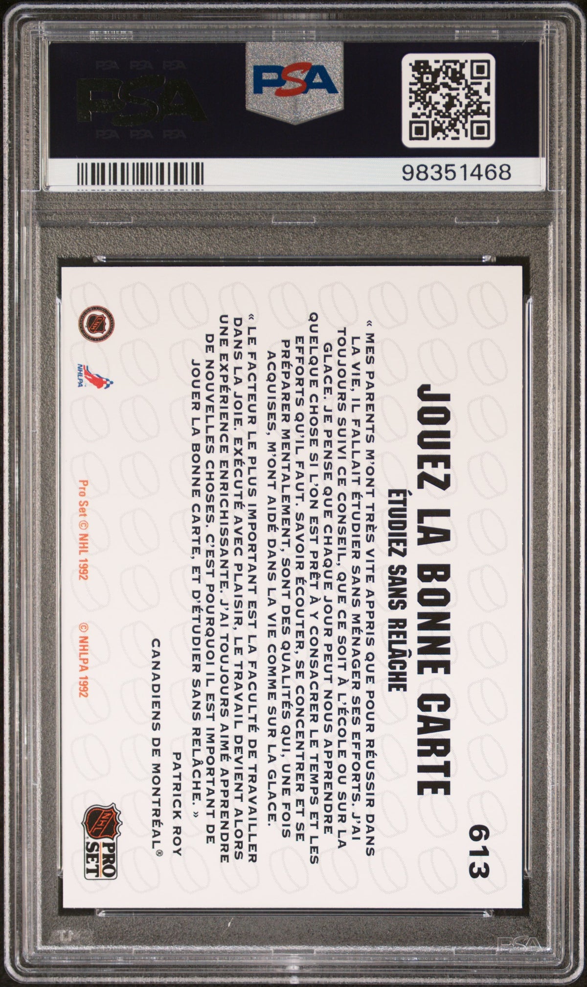 Patrick Roy 1991 Pro Set French Hockey Card #613 Graded PSA 10 Cert #98351468-Powers Sports Memorabilia