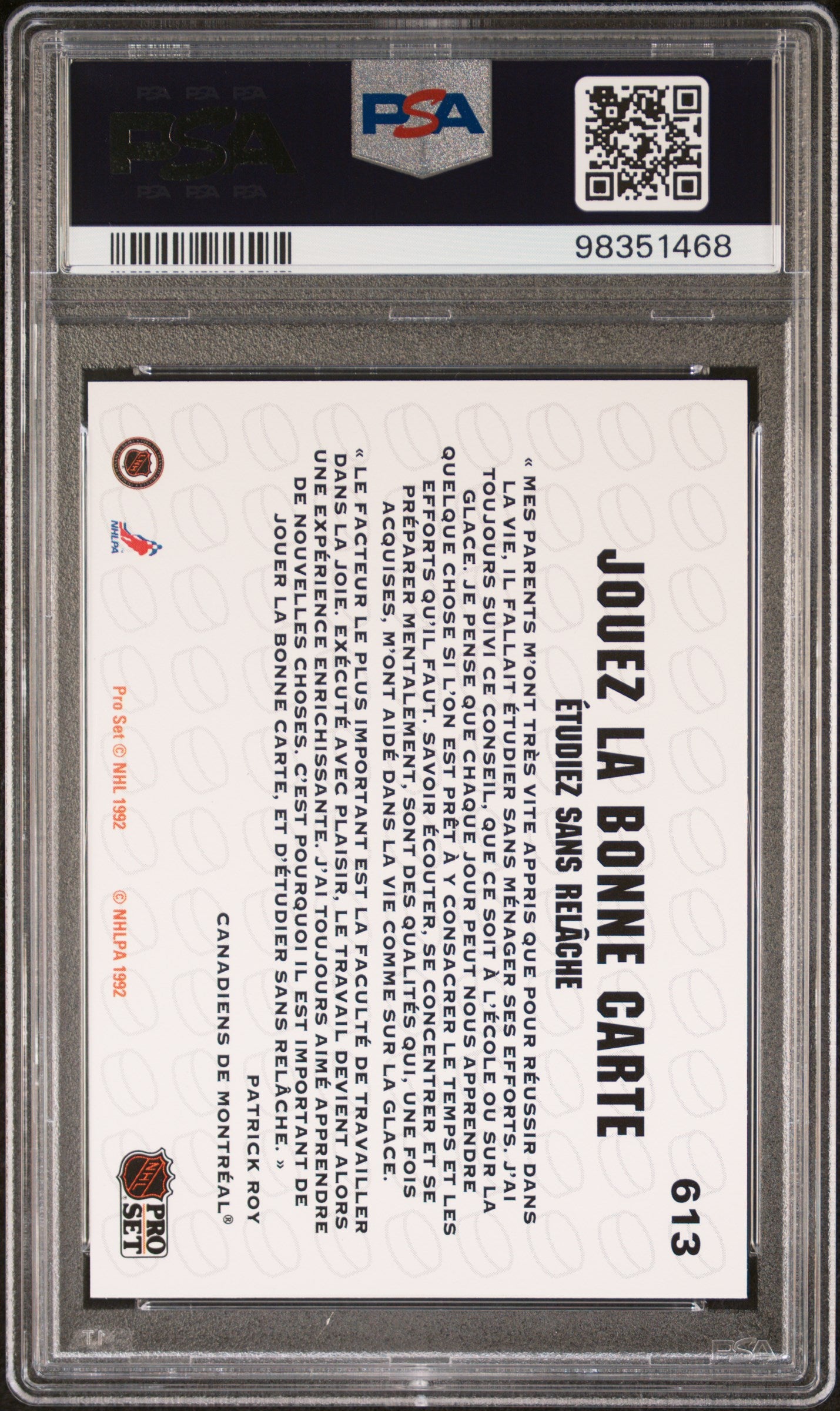 Patrick Roy 1991 Pro Set French Hockey Card #613 Graded PSA 10 Cert #98351468-Powers Sports Memorabilia