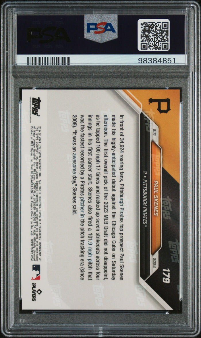 Paul Skenes 2024 Topps Now MLB Debut Pittsburgh Pirates Baseball Rookie Card #179 Graded PSA 9 Cert #98384851-Powers Sports Memorabilia
