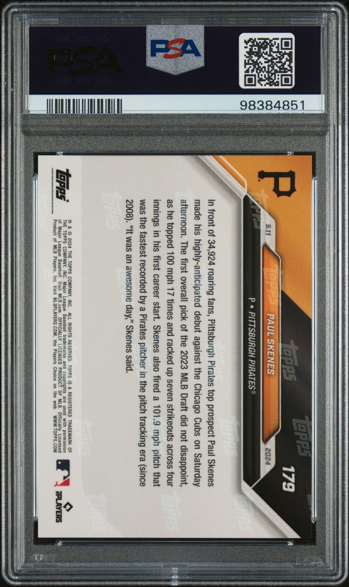 Paul Skenes 2024 Topps Now MLB Debut Pittsburgh Pirates Baseball Rookie Card #179 Graded PSA 9 Cert #98384851-Powers Sports Memorabilia