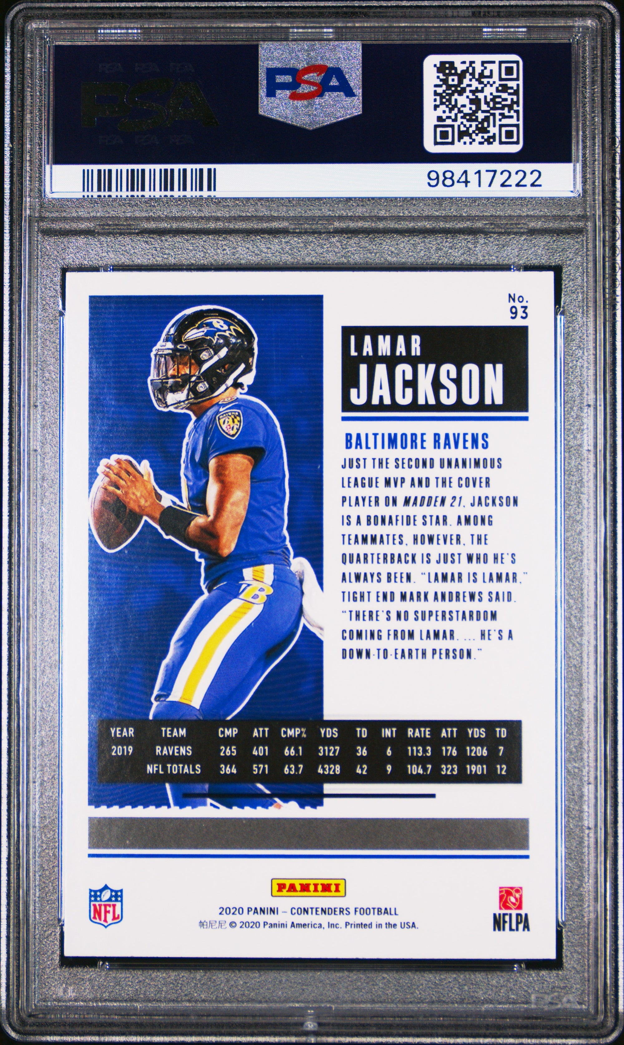 Lamar Jackson 2020 Panini Contenders Football Card #93 Graded PSA 10-Powers Sports Memorabilia