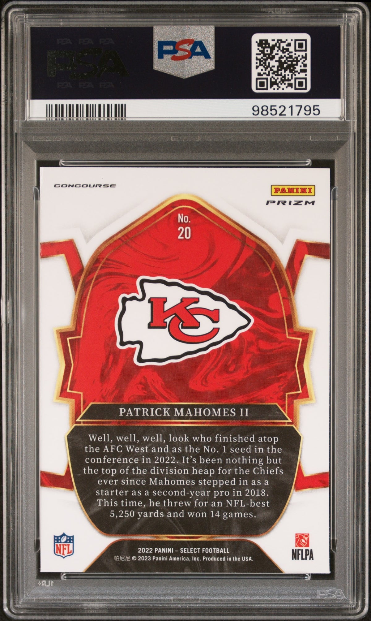 Patrick Mahomes II 2022 Panini Select Silver Prizm Kansas City Chiefs Football Card #20 Graded PSA 10 Cert #98521795-Powers Sports Memorabilia