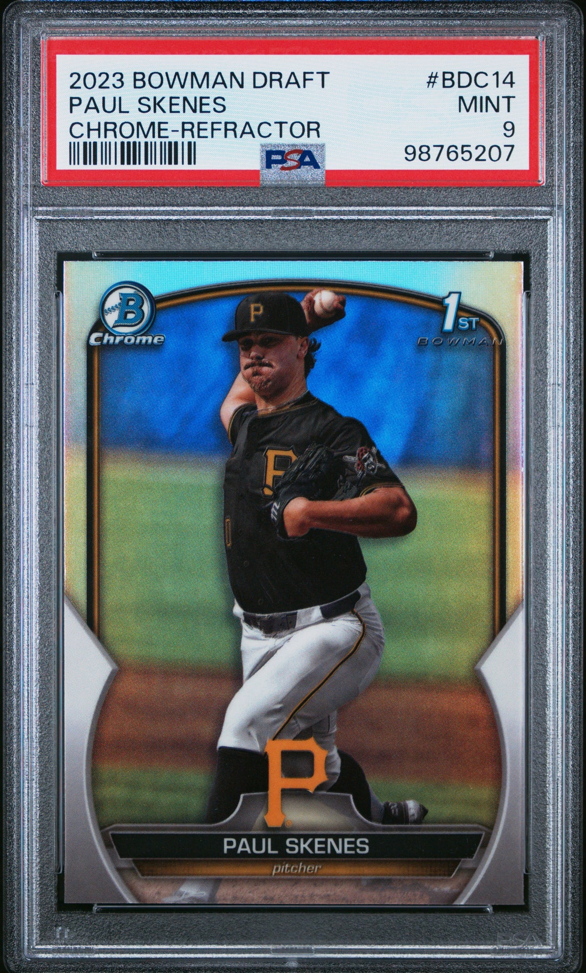Paul Skenes 2023 Bowman Draft Chrome Refractor Baseball Card #BDC14 Graded PSA 9