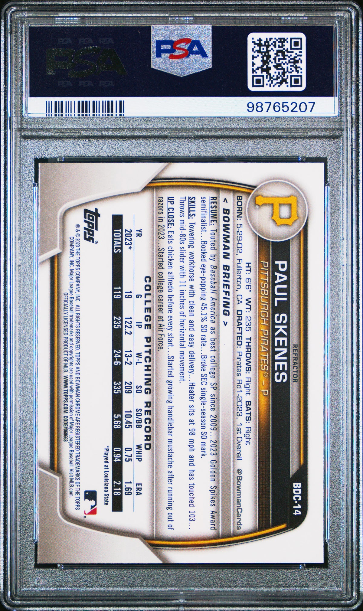 Paul Skenes 2023 Bowman Draft Chrome Refractor Baseball Card #BDC14 Graded PSA 9-Powers Sports Memorabilia