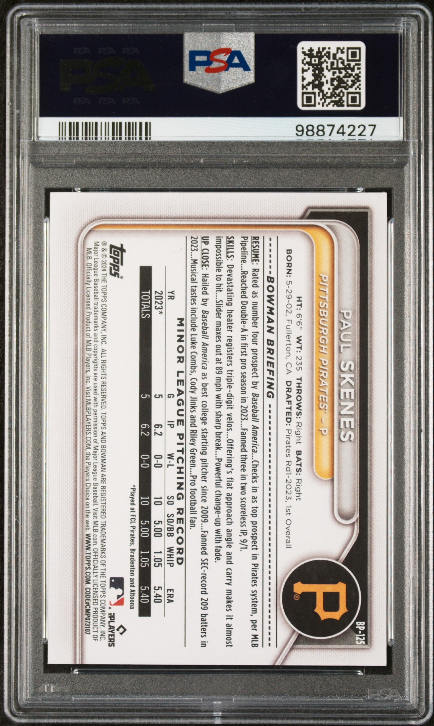 Paul Skenes 2024 Bowman Paper Prospects Baseball Rookie Card #BP125 PSA 10-Powers Sports Memorabilia