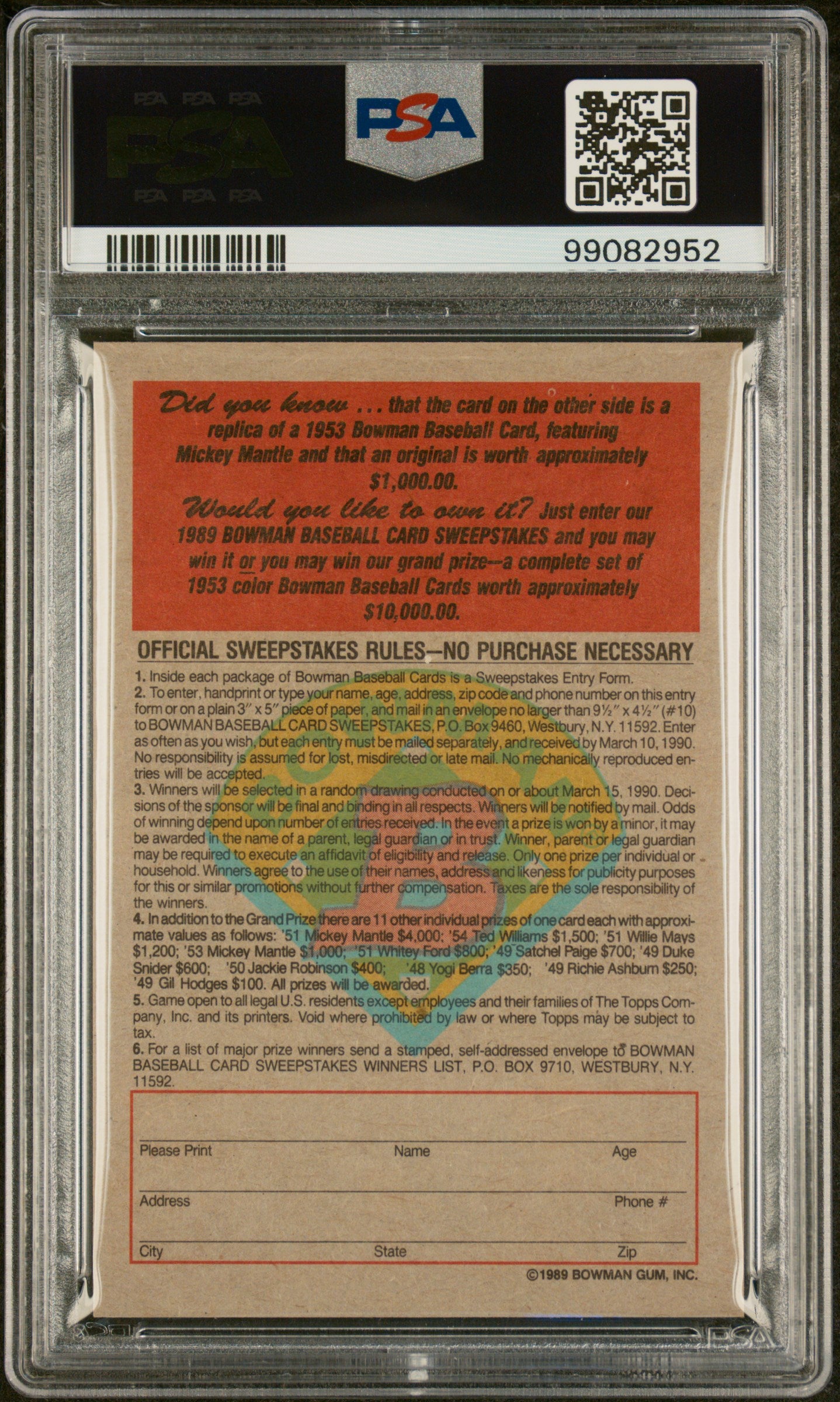 Mickey Mantle 1989 Bowman Inserts 1953 Baseball Card Graded PSA 9-Powers Sports Memorabilia