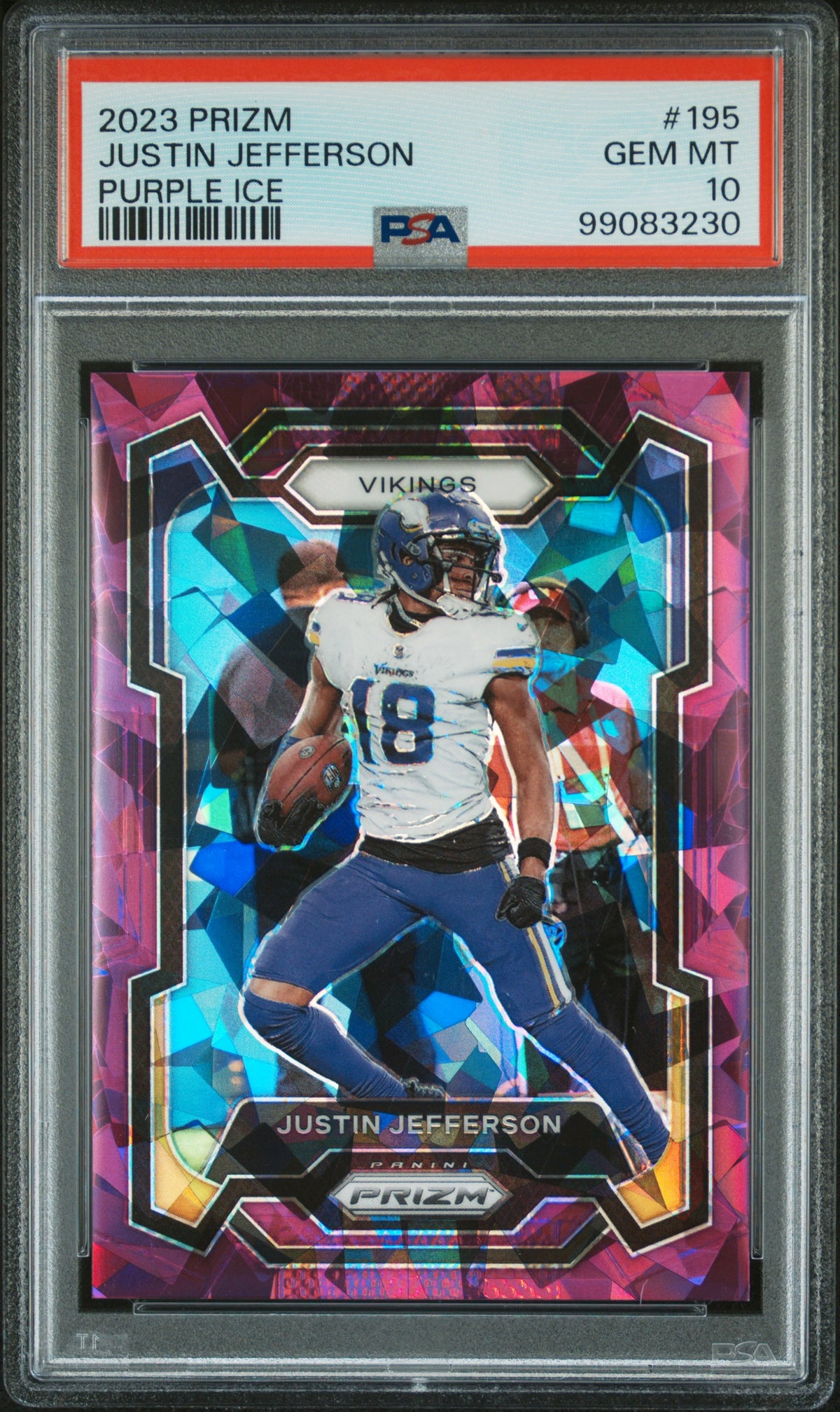 Justin Jefferson 2023 Panini Prizm Purple Ice Football Card #195 Graded PSA 10 23/225-Powers Sports Memorabilia