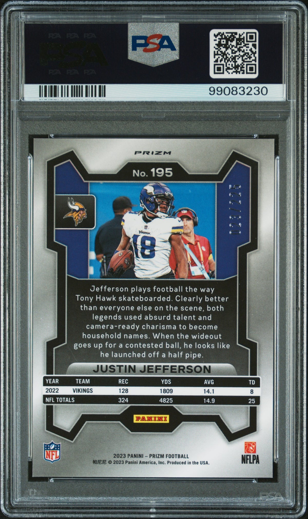 Justin Jefferson 2023 Panini Prizm Purple Ice Football Card #195 Graded PSA 10 23/225-Powers Sports Memorabilia