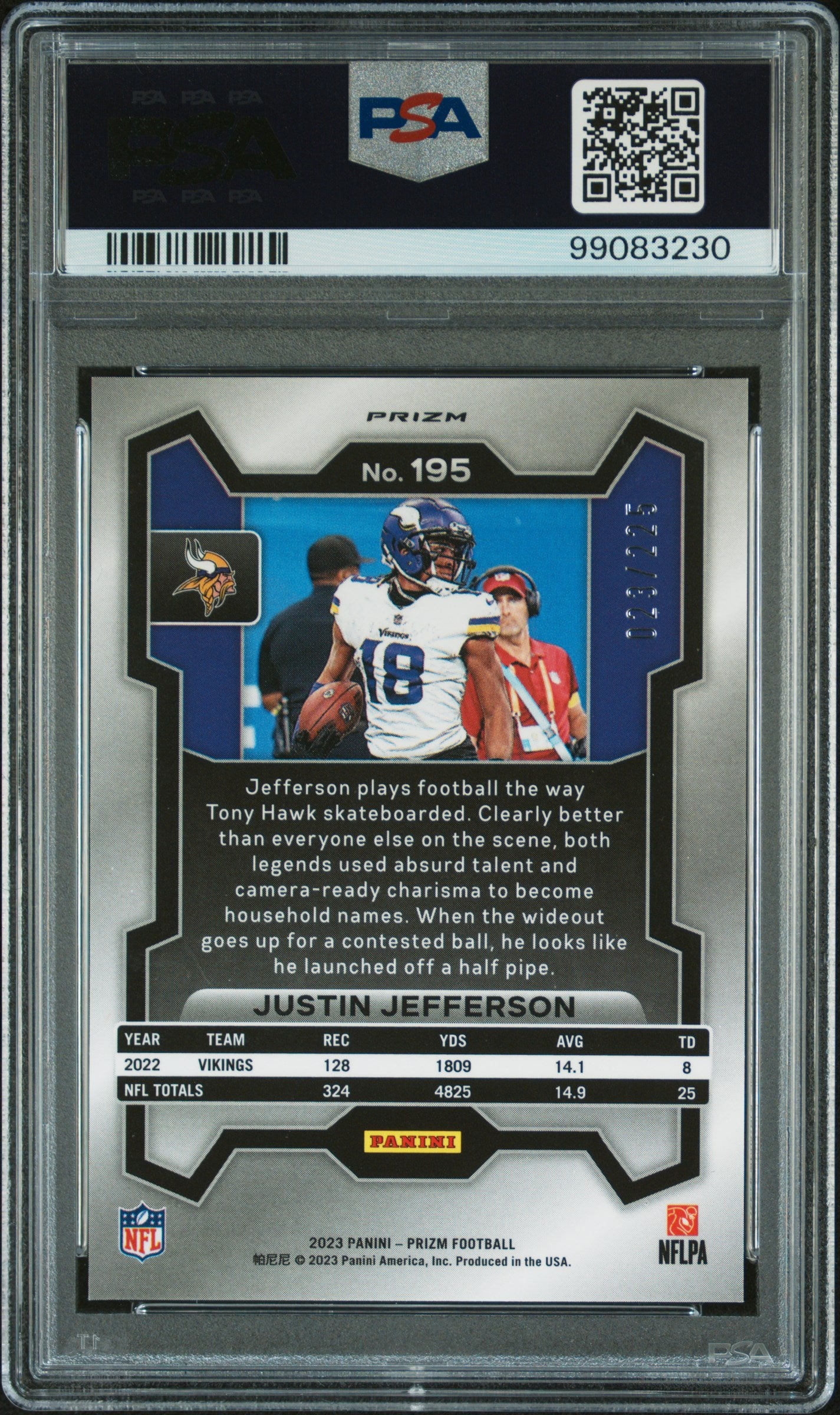 Justin Jefferson 2023 Panini Prizm Purple Ice Football Card #195 Graded PSA 10 23/225-Powers Sports Memorabilia