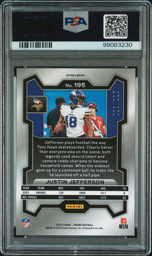 Justin Jefferson 2023 Panini Prizm Purple Ice Football Card #195 Graded PSA 10 23/225-Powers Sports Memorabilia
