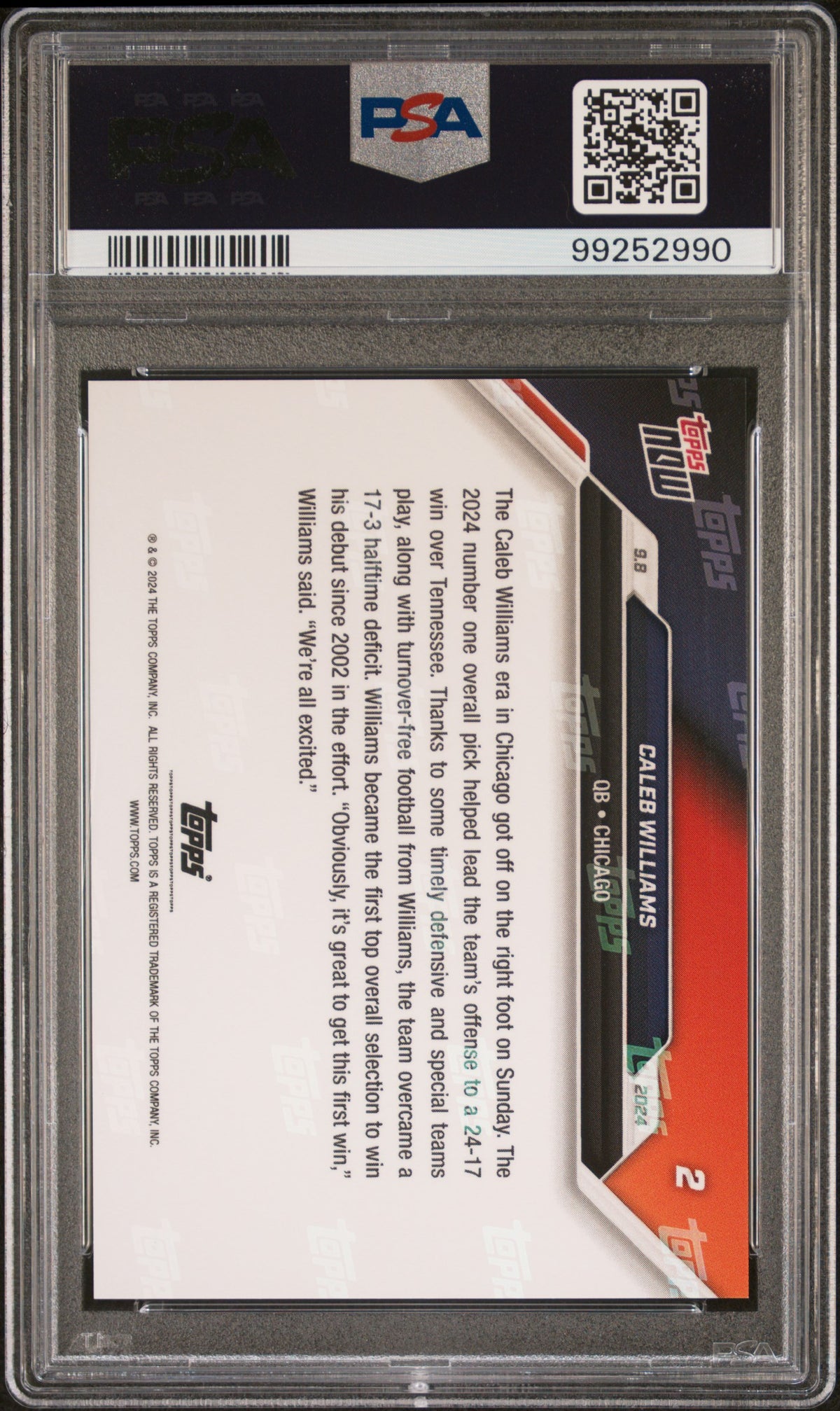 Caleb Williams 2024 Topps Now Football NFL Debut Rookie Card #2 Graded PSA 10 Cert # 99252990-Powers Sports Memorabilia