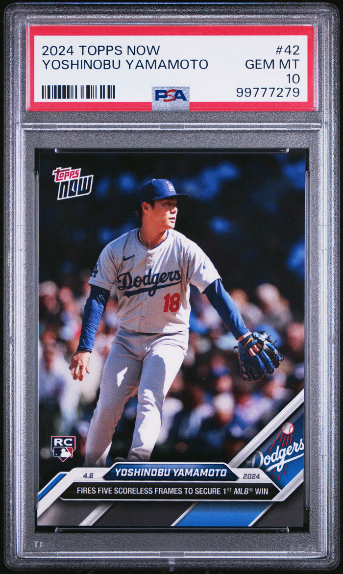 Yoshinobu Yamamoto 2024 Topps Now 1st Win Baseball Rookie Card #42 Graded PSA 10 Cert #99777279-Powers Sports Memorabilia
