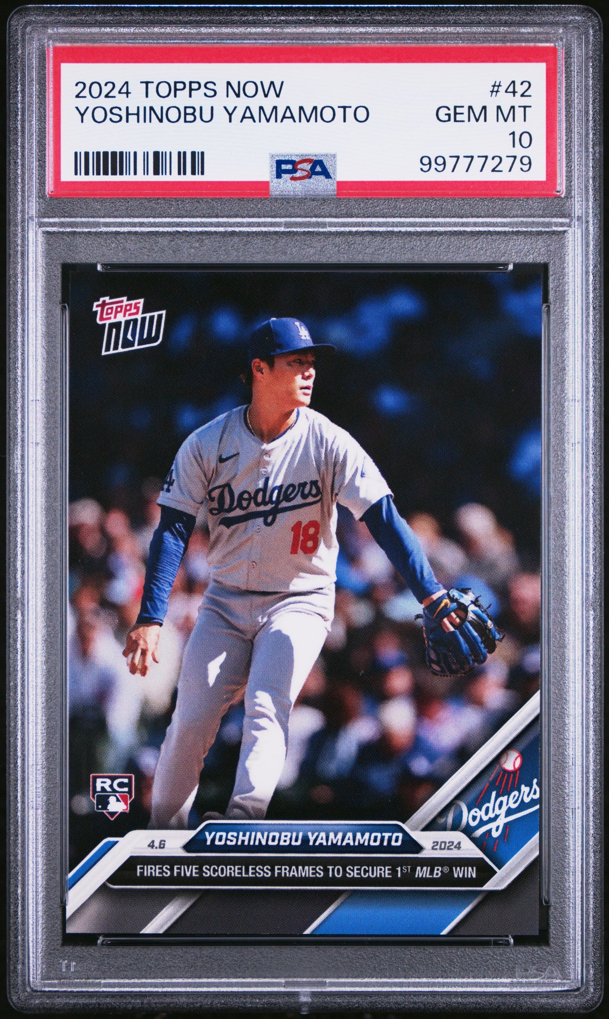 Yoshinobu Yamamoto 2024 Topps Now 1st Win Baseball Rookie Card #42 Graded PSA 10 Cert #99777279-Powers Sports Memorabilia