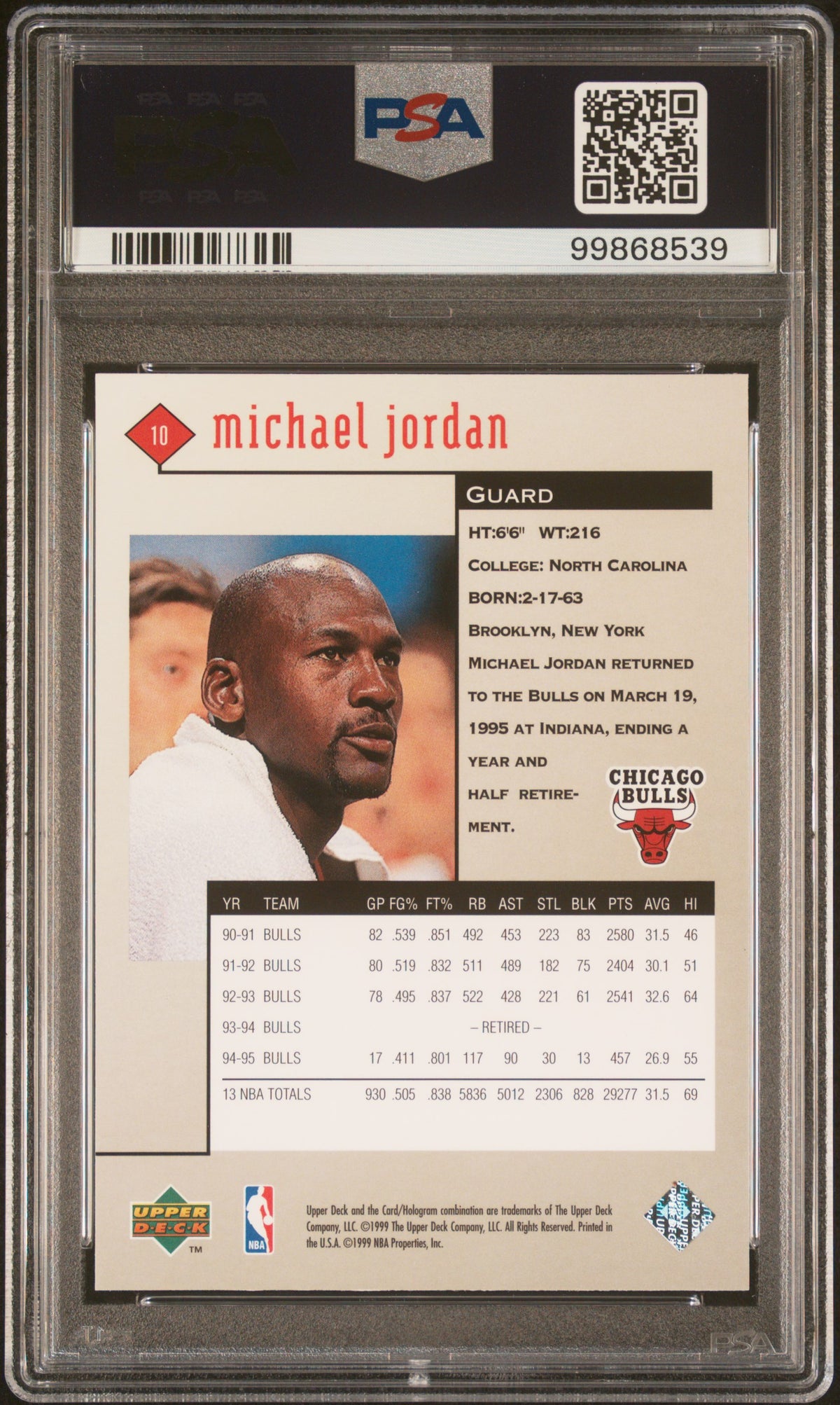 Michael Jordan 1998 Upper Deck Black Diamond Basketball Card #10 Graded PSA 9-Powers Sports Memorabilia