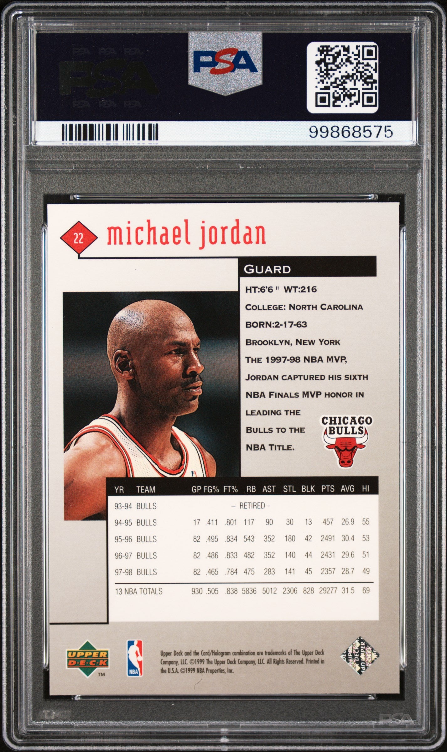 Michael Jordan 1998 Upper Deck Black Diamond Basketball Card #22 Graded PSA 9-Powers Sports Memorabilia