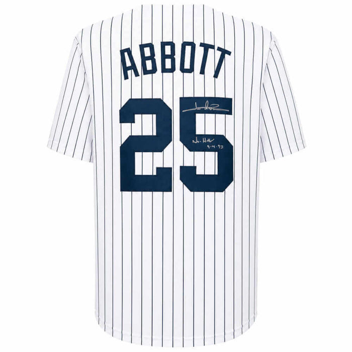 Jim Abbott Autographed White Pinstripe Custom Baseball Jersey with No Hitter 9-4-93-Powers Sports Memorabilia
