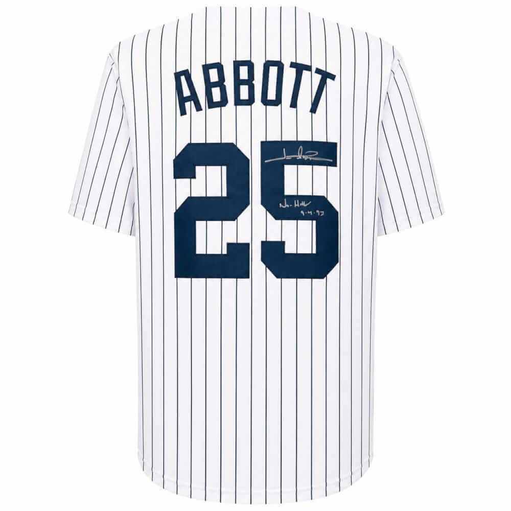 Jim Abbott Autographed White Pinstripe Custom Baseball Jersey with No Hitter 9-4-93-Powers Sports Memorabilia