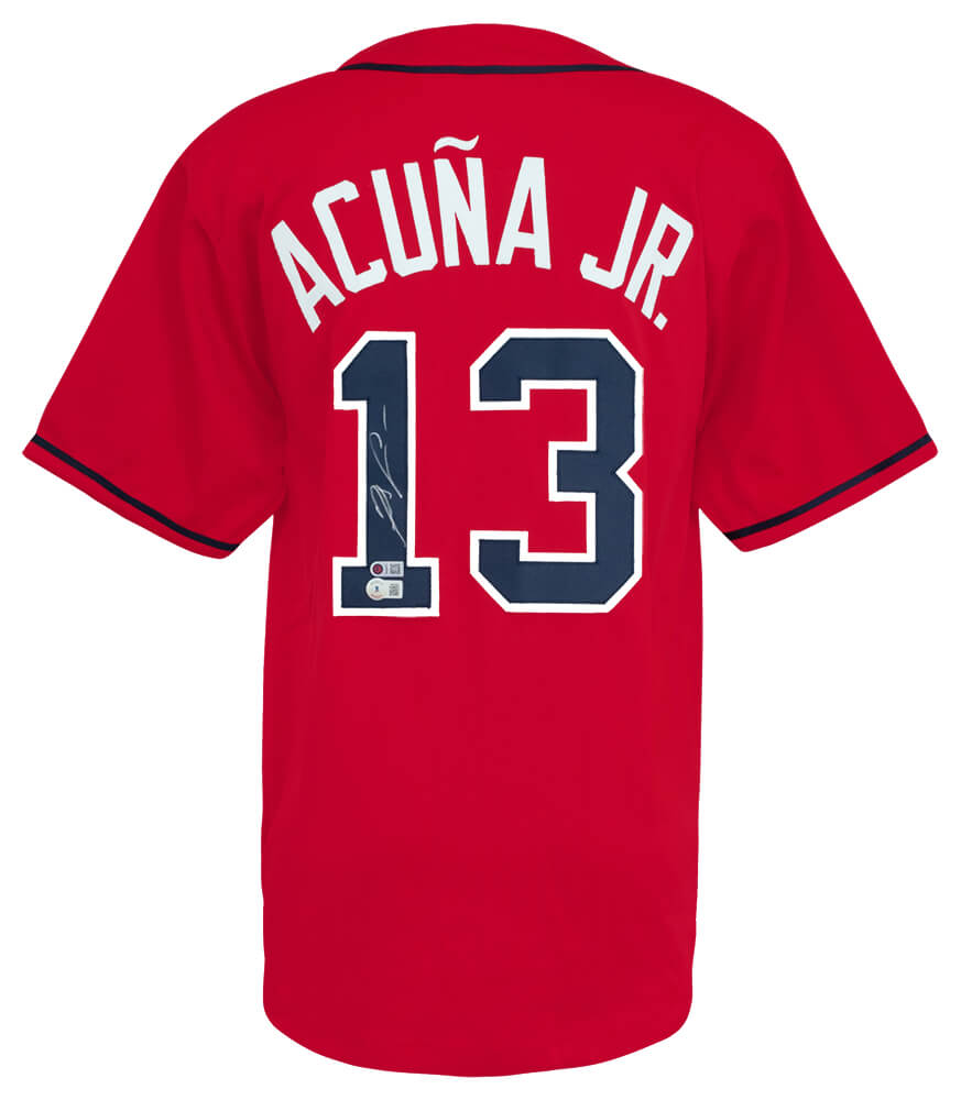 Ronald Acuna Jr. Autographed Red Custom Baseball Jersey Beckett-Powers Sports Memorabilia