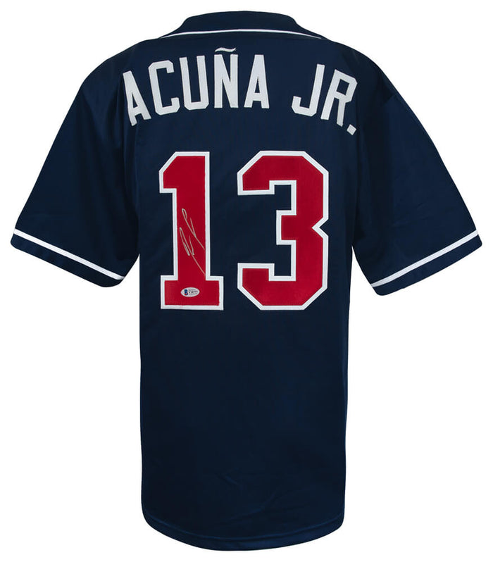 Ronald Acuna Jr. Autographed Navy Custom Baseball Jersey - (Beckett)-Powers Sports Memorabilia