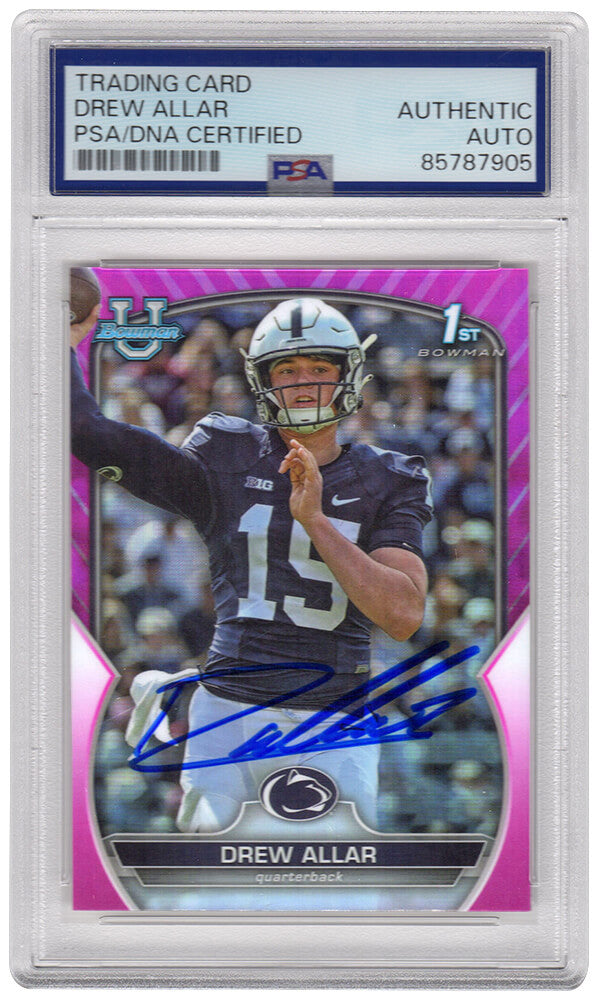 Drew Allar Autographed Penn State 2022 Bowman University Pink Refractor Chrome Football Card #59 - (PSA Encapsulated)-Powers Sports Memorabilia