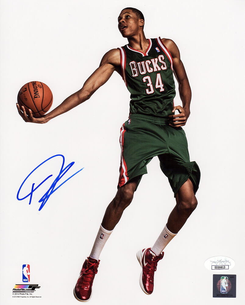 Giannis Antetokounmpo Autographed Milwaukee Bucks Green Jersey Holding Basketball Pose 8x10 Photo-Powers Sports Memorabilia