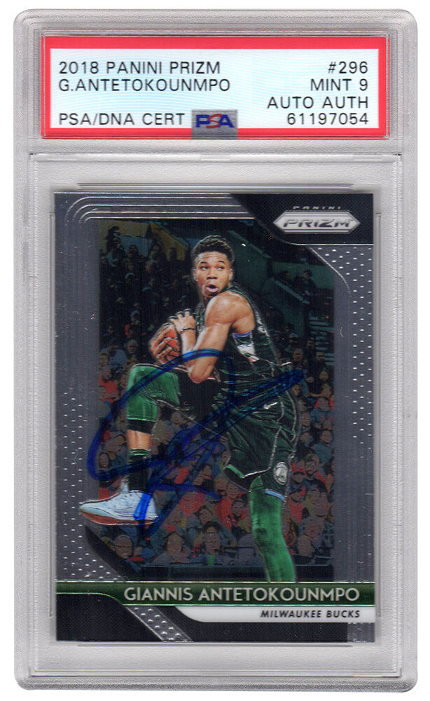 Giannis Antetokounmpo Autographed Milwaukee Bucks 2018 Panini Prizm Basketball Card #296 (PSA / Autographed Grade 9)-Powers Sports Memorabilia