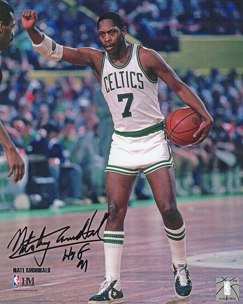 Nate 'Tiny' Archibald Autographed Boston Celtics White Jersey Action 8x10 Photo with HOF'91-Powers Sports Memorabilia