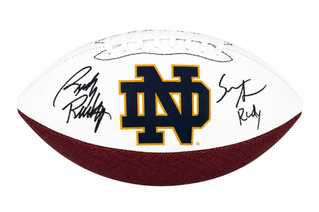 Sean Astin & Rudy Ruettiger Dual Autographed Notre Dame Logo Brands White Logo Football with Rudy-Powers Sports Memorabilia