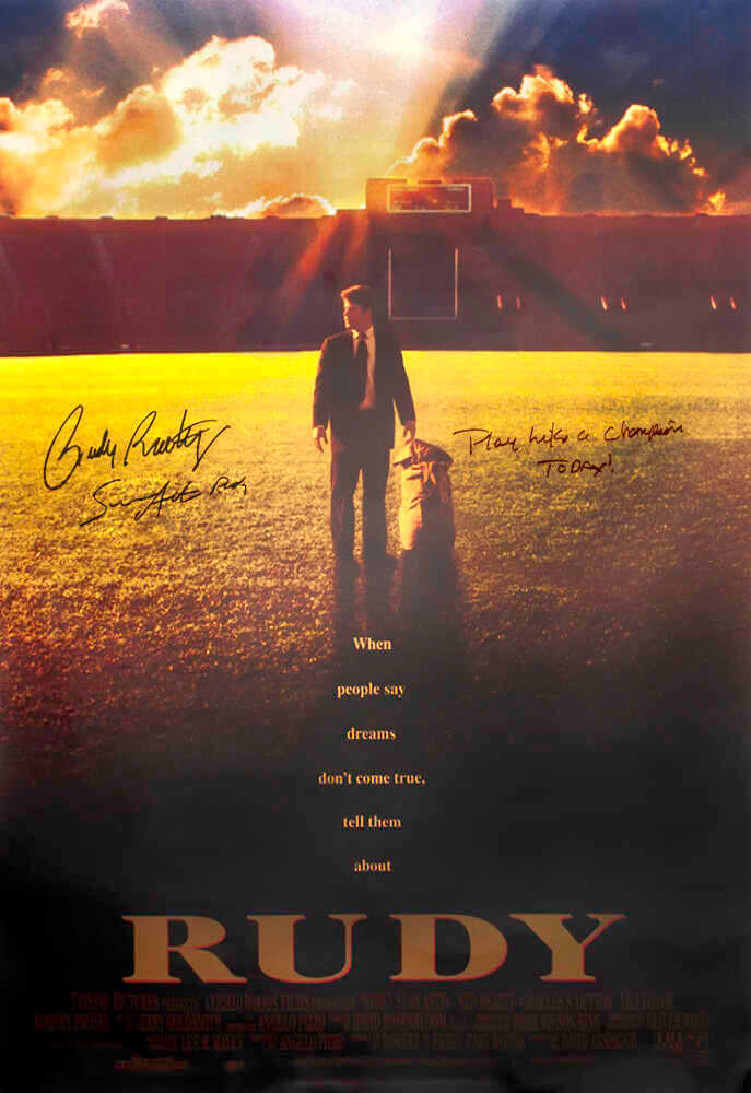 Sean Astin & Rudy Ruettiger Dual Autographed Rudy 27x40 Full Size Movie Poster with Play Like A Champion Today, Rudy-Powers Sports Memorabilia