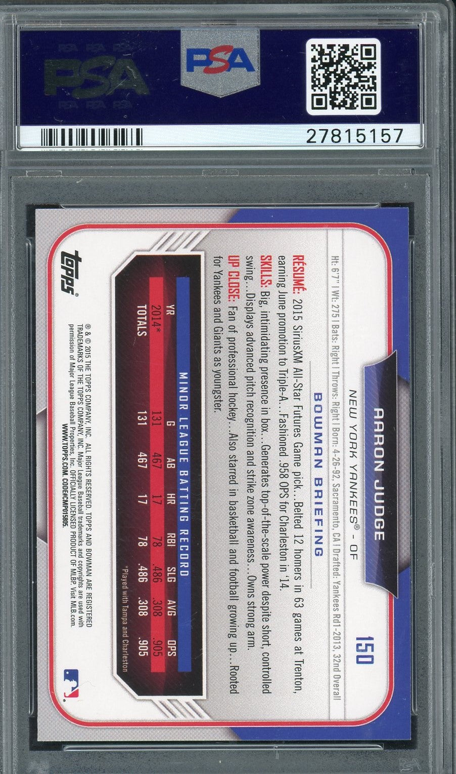 Aaron Judge 2015 Bowman Draft Baseball Rookie Card #150 Graded PSA 10