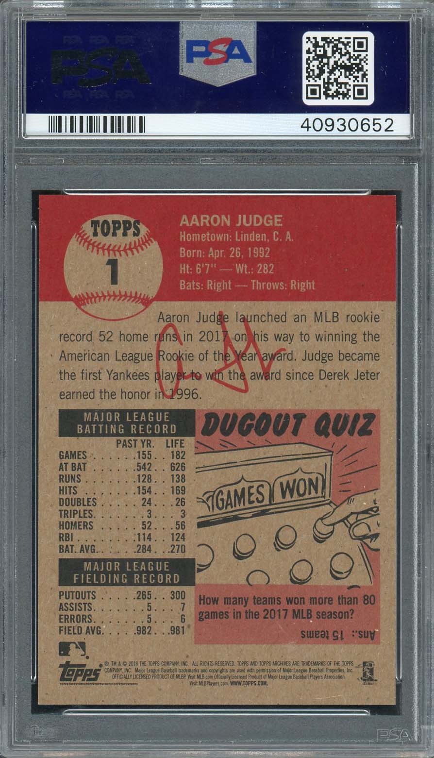 Aaron Judge 2018 Topps Living Baseball Card #1 Graded PSA 10-Powers Sports Memorabilia