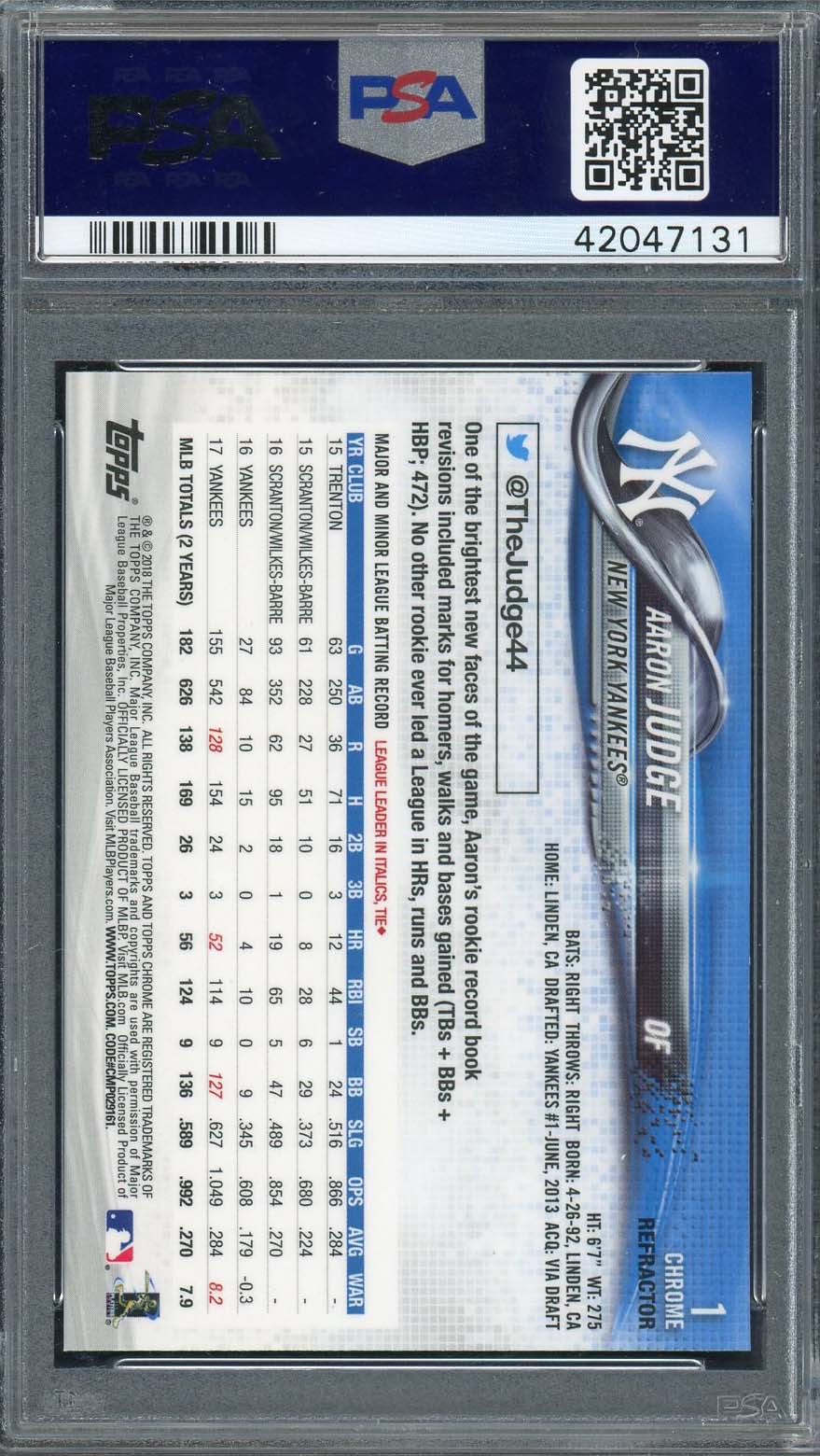 Aaron Judge 2018 Topps Chrome Batting Refractor Baseball Card #1 Graded PSA 10-Powers Sports Memorabilia
