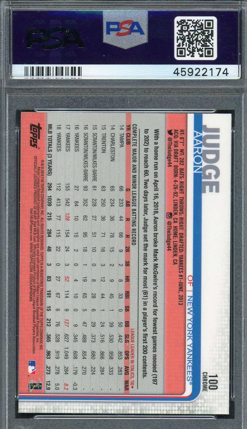 Aaron Judge 2019 Topps Chrome Prism Refractor Baseball Card #100 Graded PSA 10-Powers Sports Memorabilia