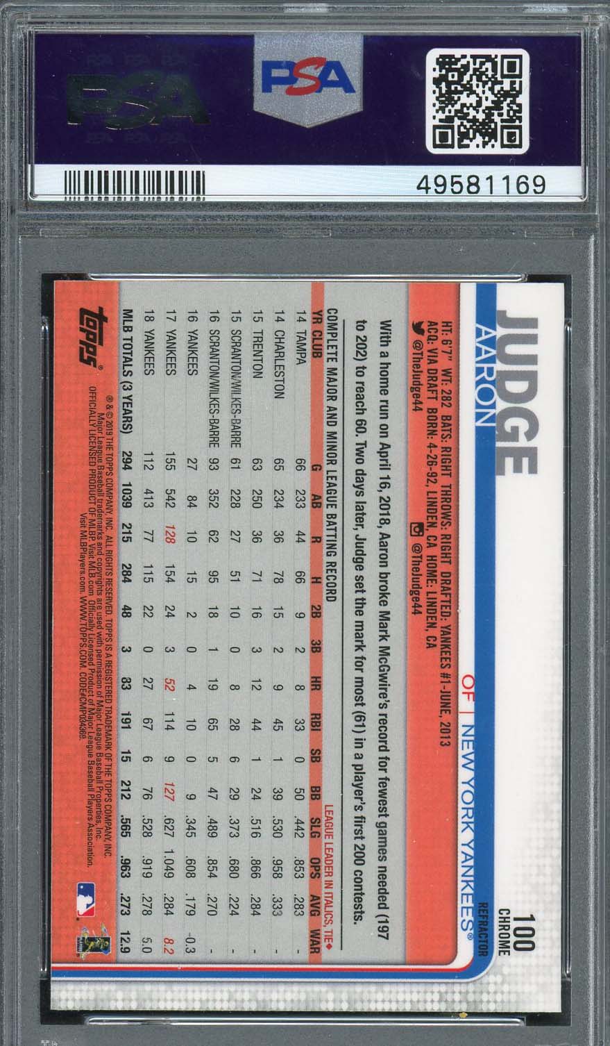 Aaron Judge 2019 Topps Chrome Batting Refractor Baseball Card #100 Graded PSA 10-Powers Sports Memorabilia