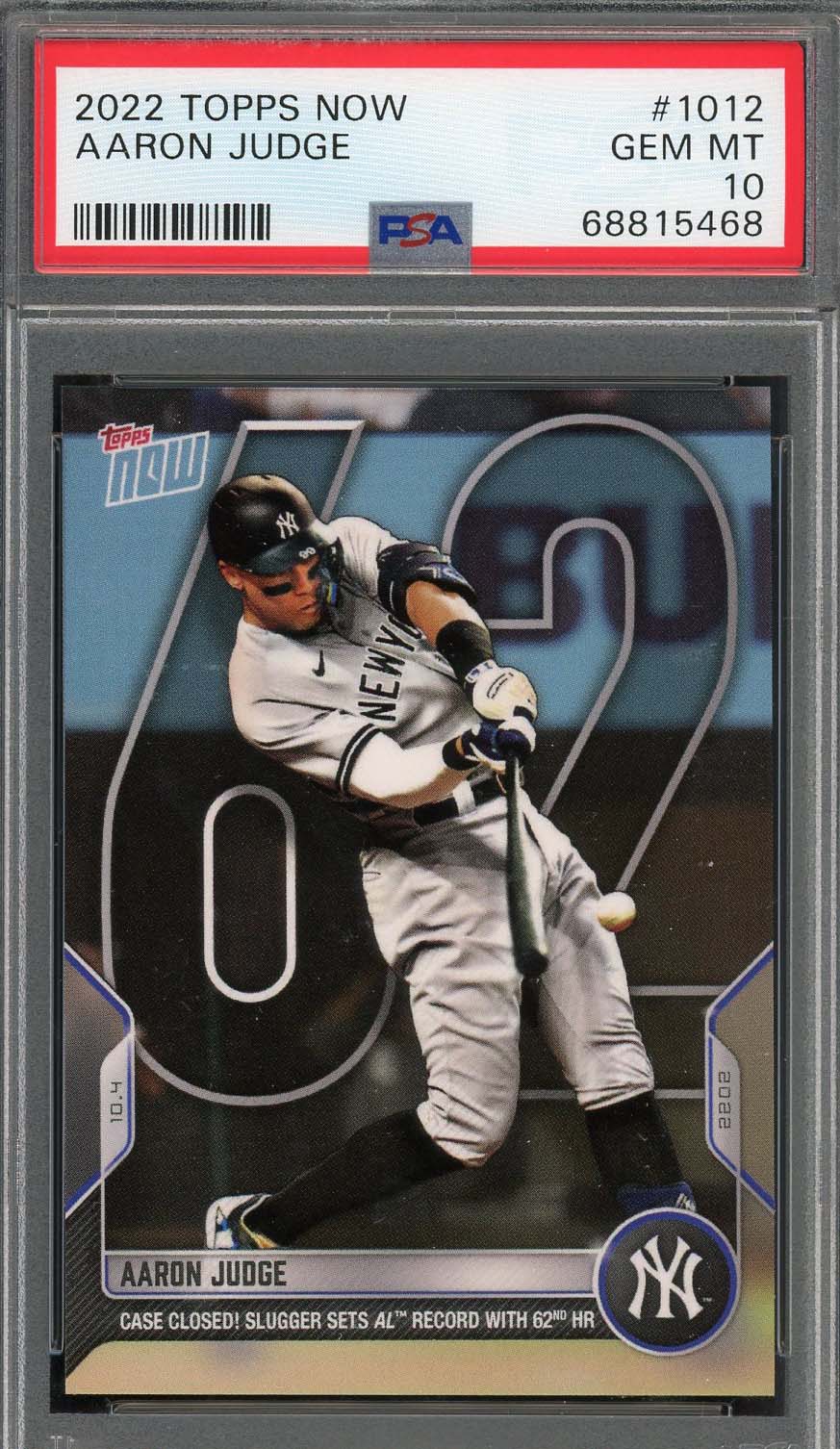 Aaron Judge 2022 Topps Now 62 Home Run Baseball Card #1012 Graded PSA 10-Powers Sports Memorabilia