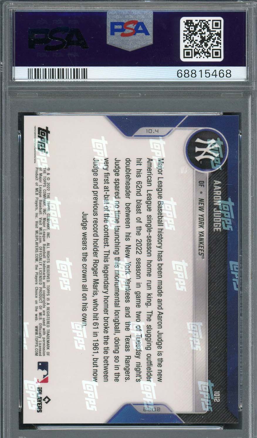 Aaron Judge 2022 Topps Now 62 Home Run Baseball Card #1012 Graded PSA 10-Powers Sports Memorabilia