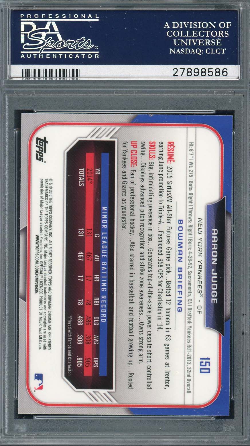 Aaron Judge 2015 Bowman Draft Chrome Baseball Rookie Card RC #150 Graded PSA 10-Powers Sports Memorabilia