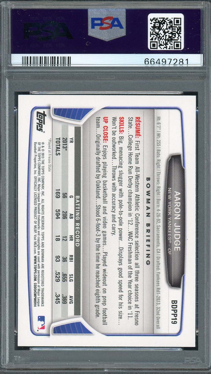 Aaron Judge 2013 Bowman DP &amp; Pros Baseball Rookie Card RC #BDPP19 Graded PSA 10