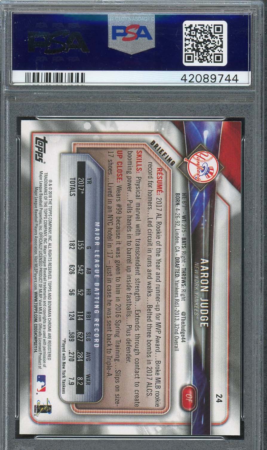 Aaron Judge 2018 Bowman Baseball Card #24 Graded PSA 10-Powers Sports Memorabilia