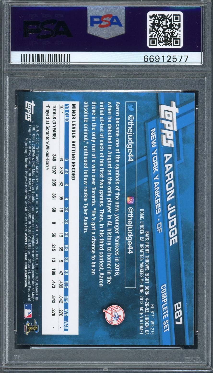 Aaron Judge 2017 Topps Complete Baseball Rookie Card RC #287 Graded PSA 10-Powers Sports Memorabilia