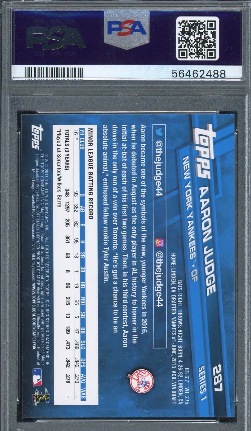 Aaron Judge 2017 Topps Catching Baseball Rookie Card RC #287 Graded PSA 9-Powers Sports Memorabilia