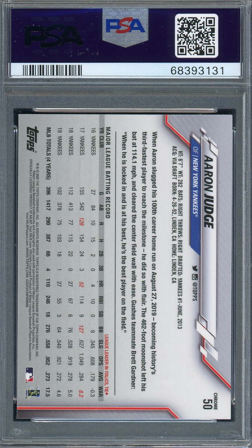 Aaron Judge 2020 Topps Chrome Prism Refractor Baseball Card #50 Graded PSA 10-Powers Sports Memorabilia