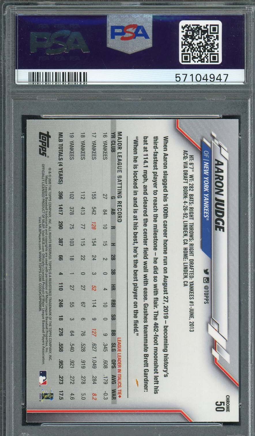 Aaron Judge 2020 Topps Chrome Baseball Card #50 Graded PSA 10-Powers Sports Memorabilia