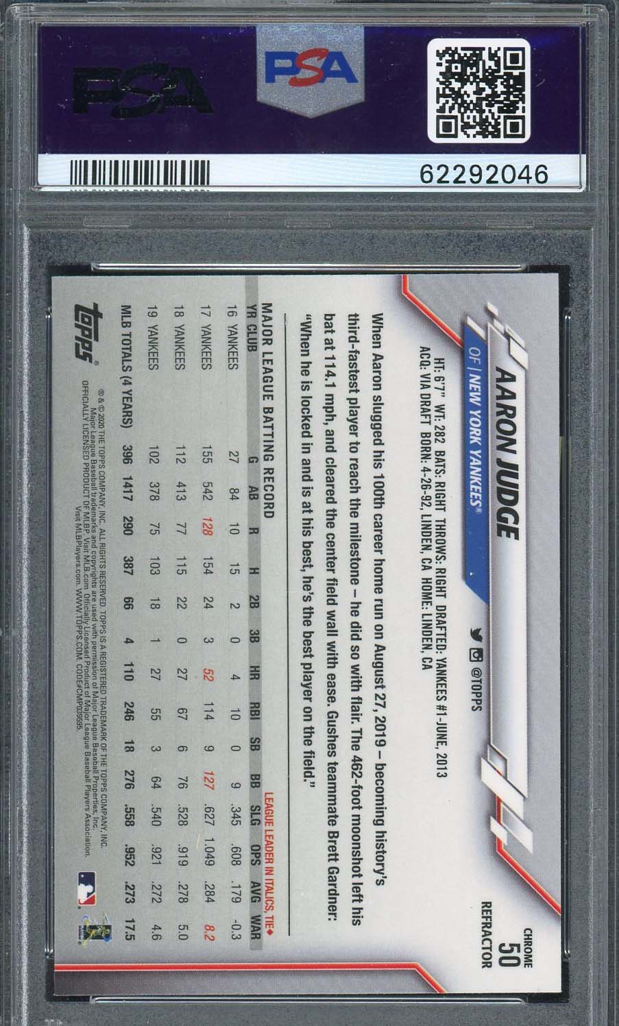 Aaron Judge 2020 Topps Chrome Pink Refractor Baseball Card #50 Graded PSA 10-Powers Sports Memorabilia