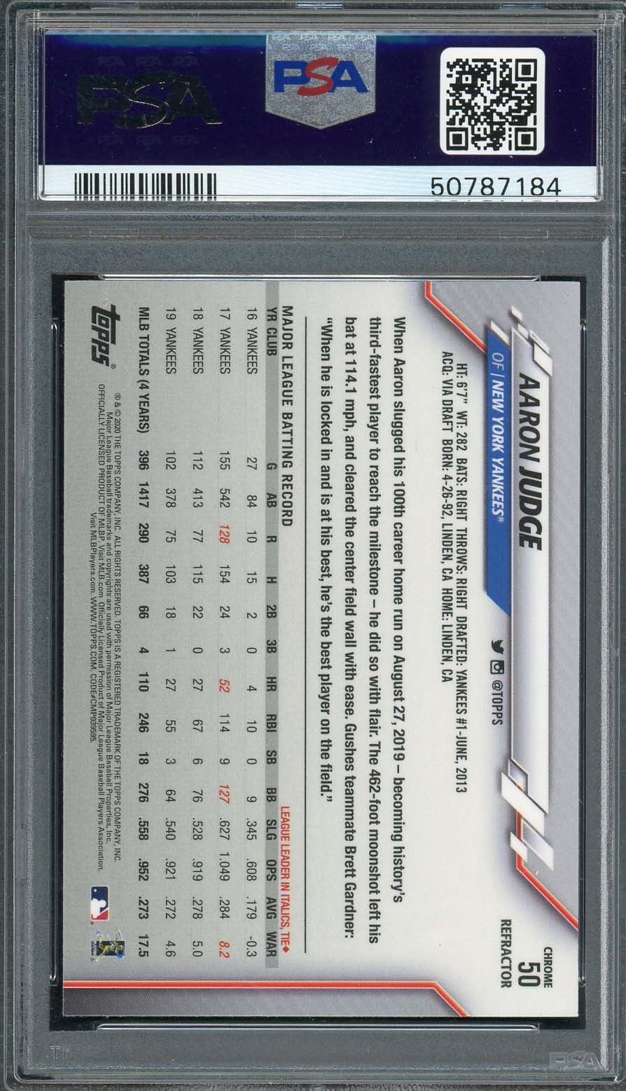 Aaron Judge 2020 Topps Chrome Refractor Baseball Card #50 Graded PSA 10-Powers Sports Memorabilia