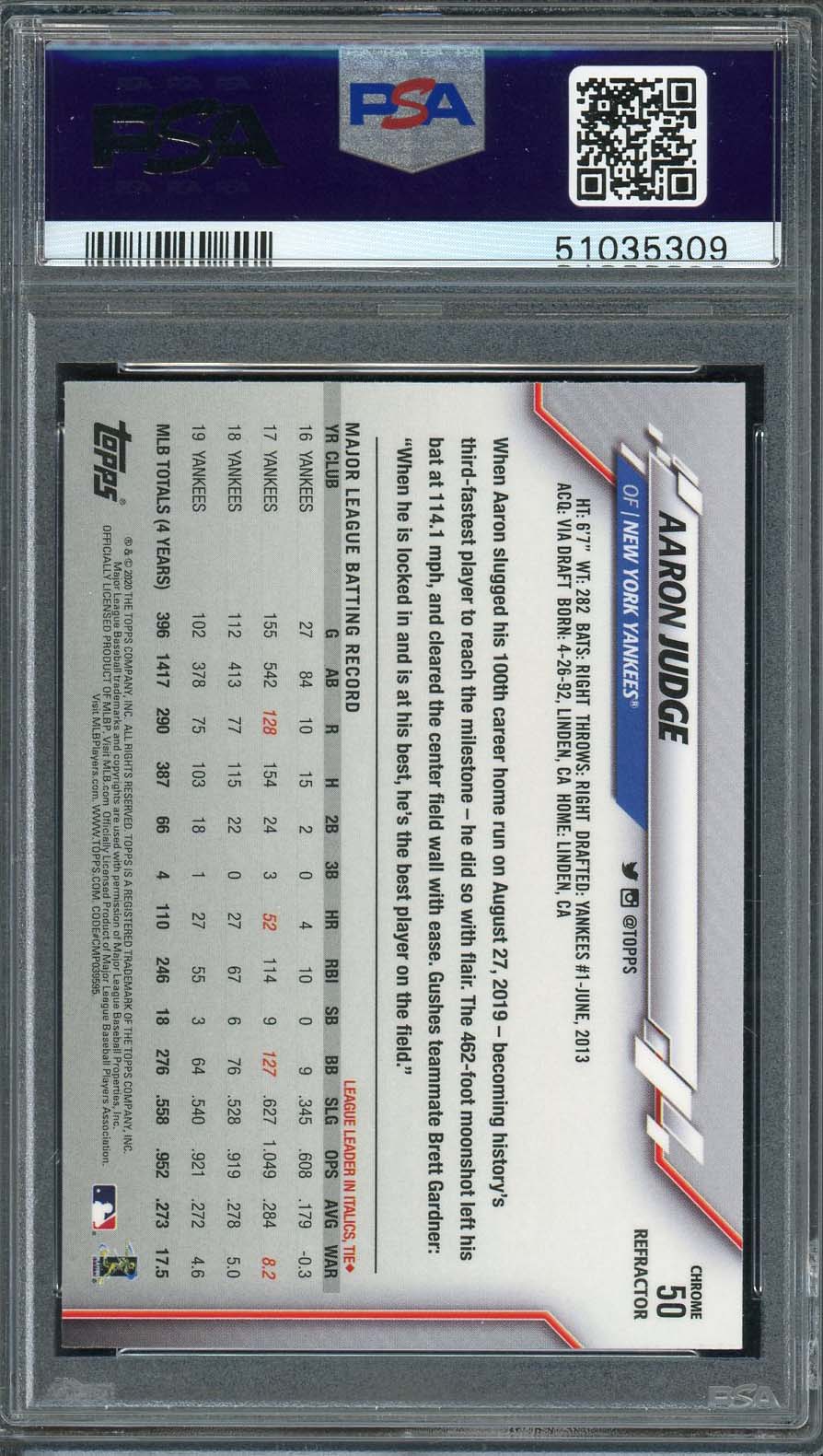 Aaron Judge 2020 Topps Chrome Sepia Refractor Baseball Card #50 Graded PSA 10-Powers Sports Memorabilia
